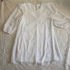 Womens 14 Mini Dress Ivory White Cottage Core Textured Puff Sleeve Prairie Lined