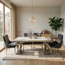 1.8m Cream Marble Double Ring Chrome Dining Table and 6 Grey Button Back Chairs