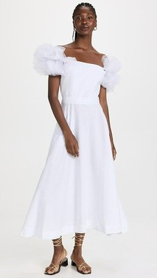 Fanm Mon Cottage Core Giamba White Dress Embroidered Hem Tulle Puff Sleeve XXS 