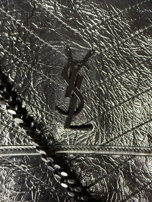 AUTHENTIC YSL Mattelasse bag in crinkled calfskin, black on black