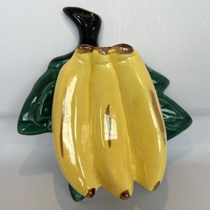 Vintage Ceramic Banana w/Green Leaves & Stem Wall Plaque Pocket Unmarked