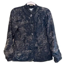 Parsley & Sage Embroidered Button Up Jacket Women Medium Black Tan Art Lagenlook