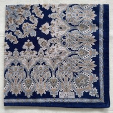 Vintage Handkerchief Navy Cotton Brown Antique Damask Classic Pocket Square 17"