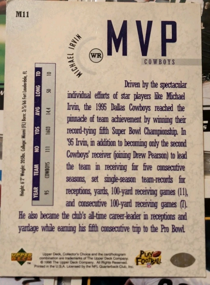 Dallas Cowboys Micheal Irvin 1996 MVP Collector's Choice Upper Deck Card - Image 2 of 2