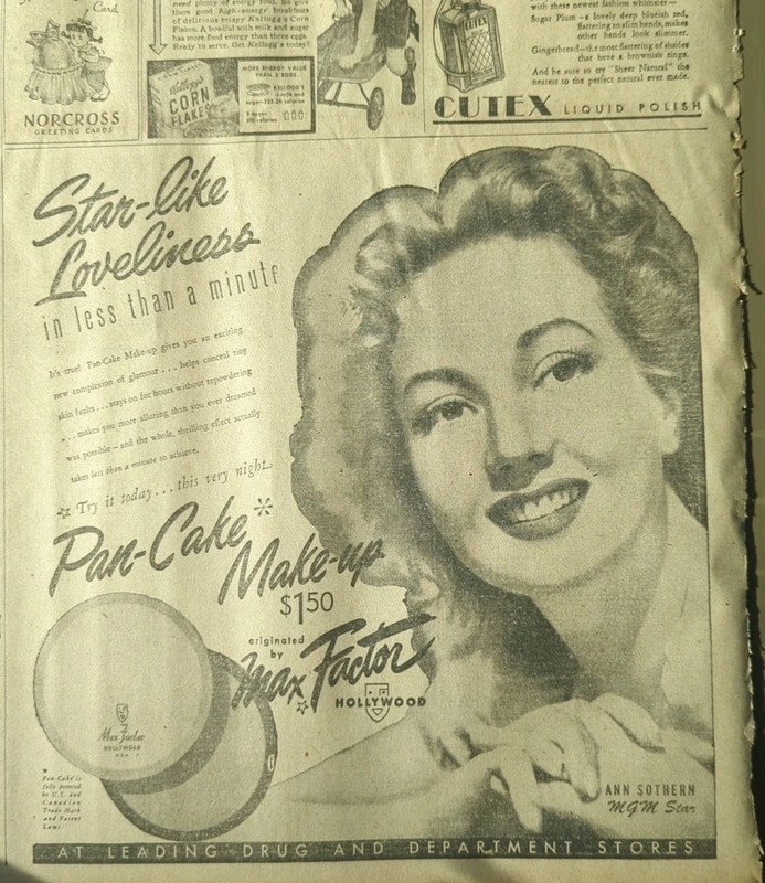 SEPT 30, 1944 NEWSPAPER #2049- MAX FACTOR MAKEUP AD FEATURING ANN SOTHERN