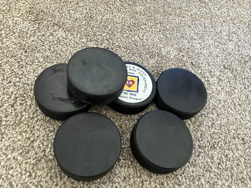 Ice Hockey Pucks, Mixed Lot Of 6 , Used Hockey Pucks