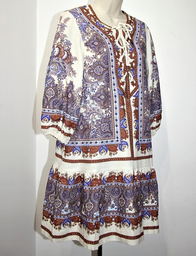 House of Harlow 1960 mini abito lungo 35" stringato manica a sbuffo misto lino taglia M $250 - Foto 6 di 13