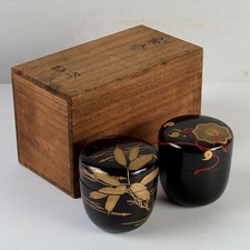 Japanese Black Lacquer Gold Makie Natsume Pair Set Tea Ceremony Caddy w/ Box