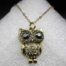 Claire's Owl Pendant Necklace 19" Dark Eyes Gold Tone Chain Faux Gem Clear/Black