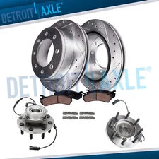 4WD Front Drilled Rotors Brake Pads Wheel Bearing Hubs for Dodge Ram 2500 3500