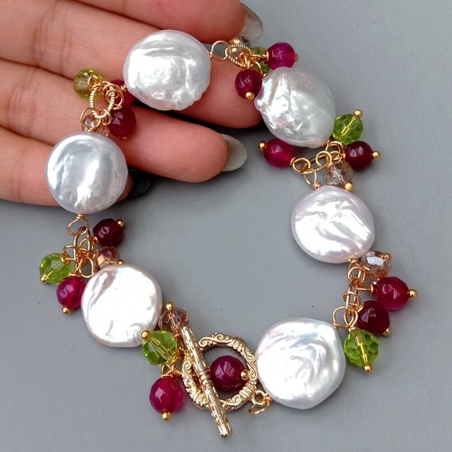 Bracciale Cristallo Agata Fucsia Perla Moneta Bianca Gioielli Donna Regalo - Foto 1 di 6