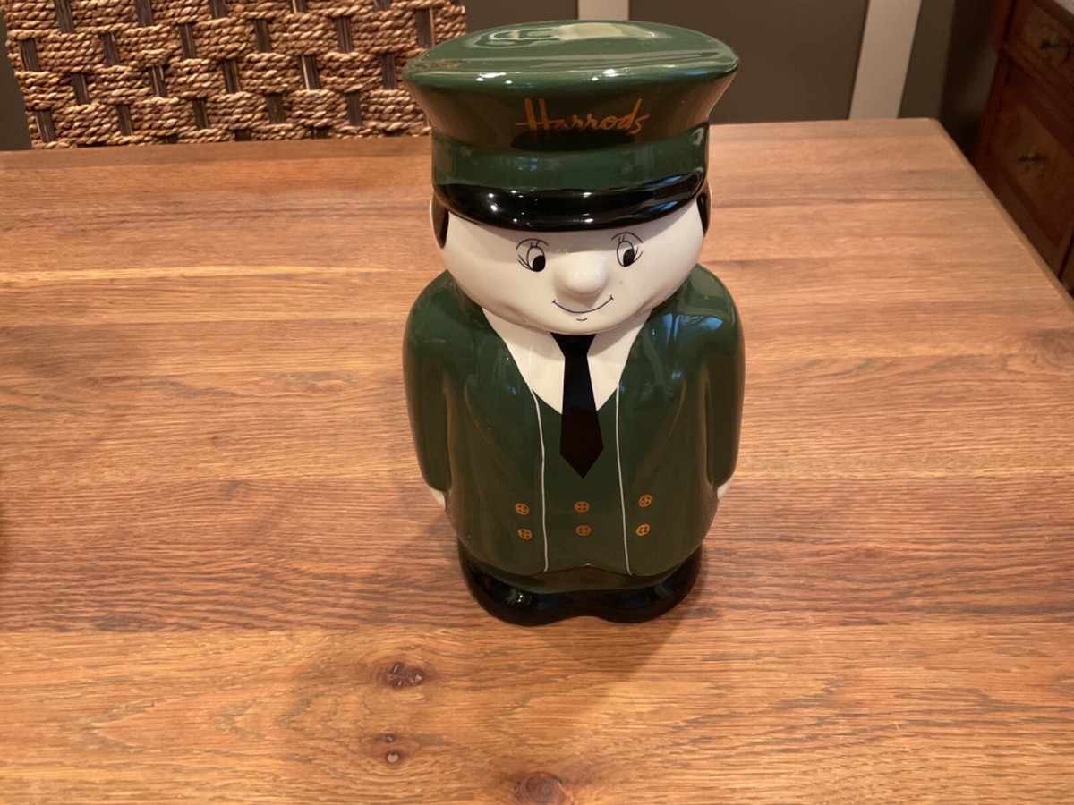 RARE! VTG HARRODS KNIGHTSBRIDGE GREEN CERAMIC DOORMAN COOKIE JAR