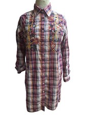 Elzado Shirt Dress Womens M Button Down Plaid Embroidered Embellished Preppy Top