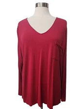 Soma Womens 2XL  PJ Top Pajama Lounge Shirt Red Stretch Pocket Long Slv V-Neck 