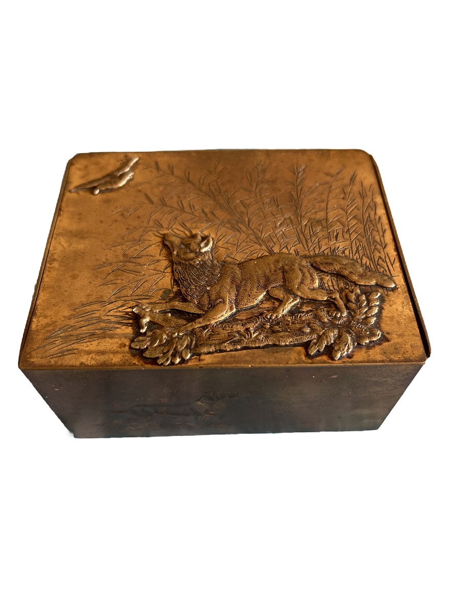 Antique Russian Cigarette Box, Circa 1900, Gilt Brass, Metal Appliqué,  Engraved