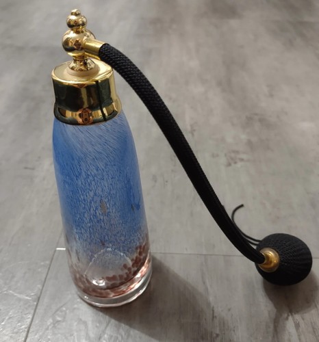 Botella de perfume vintage de vidrio artístico azul y marrón con atomizador - Imagen 2 de 9