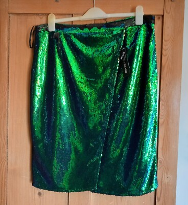 River Island Green & Blue Two Tone Sequin Pencil Evening Skirt Bnwt 18