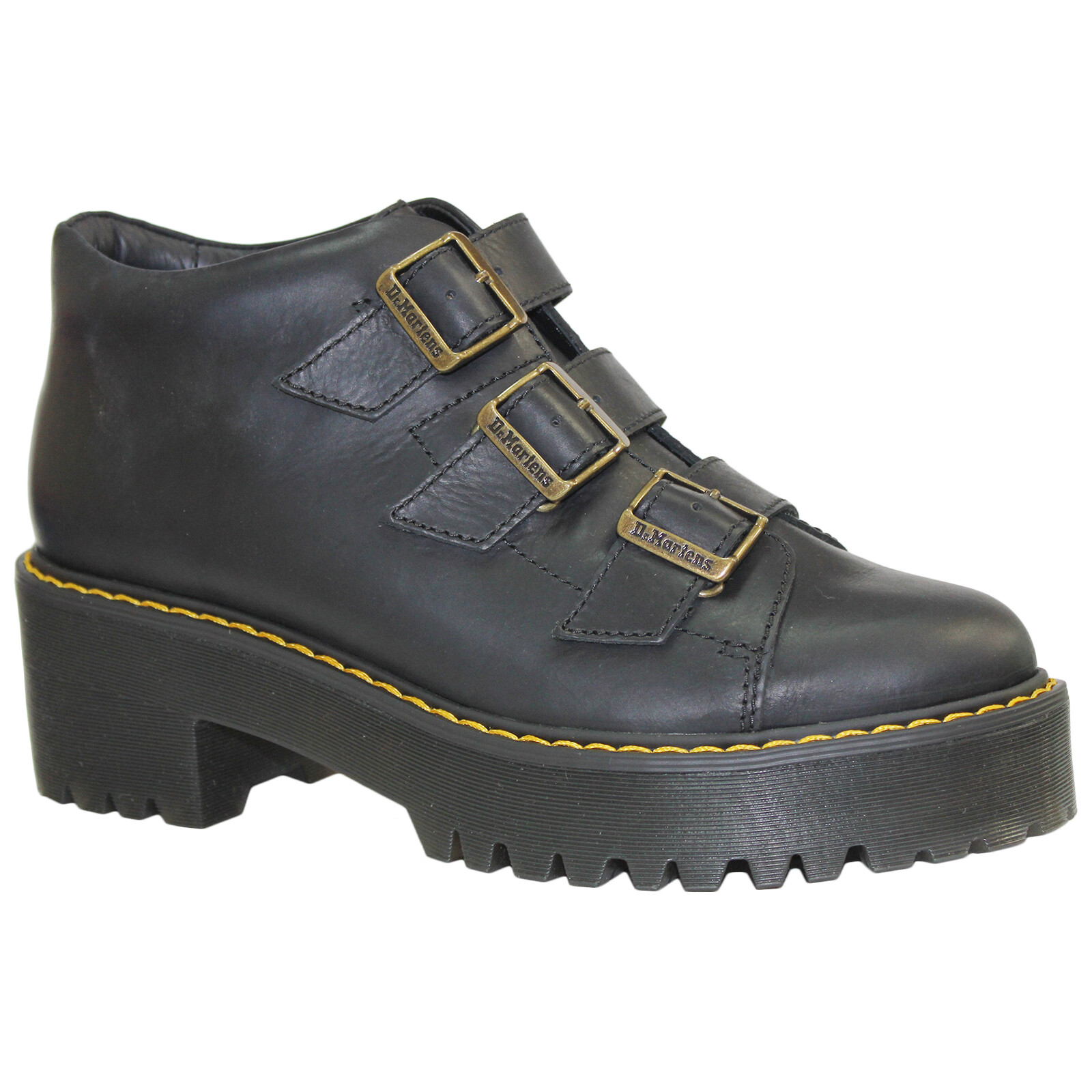 dr martens coppola black leather triple strap chunky heeled ankle boots