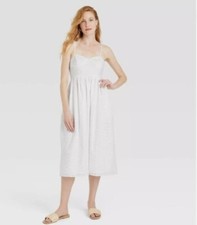 NWOT A New Day Eyelet Midi Cotton Sun Dress MED White Smocked Back Lined Pockets