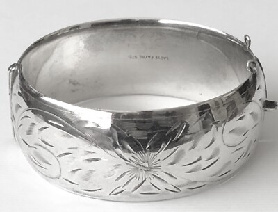 Vintage Ladye Fayre Floral Etched Sterling Silver 1  Wide Bangle Hinged Bracelet