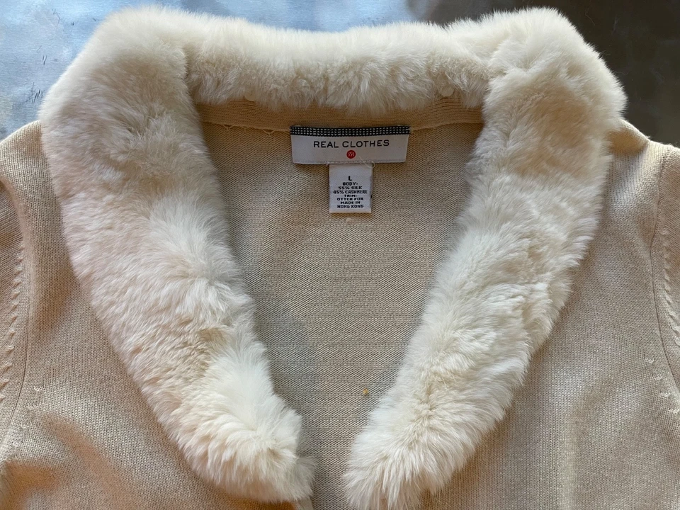 Saks Fifth Avenue Real Clothes Silk and Cashmere Cardigan Ivory Fur Collar - L - Image 3 of 4