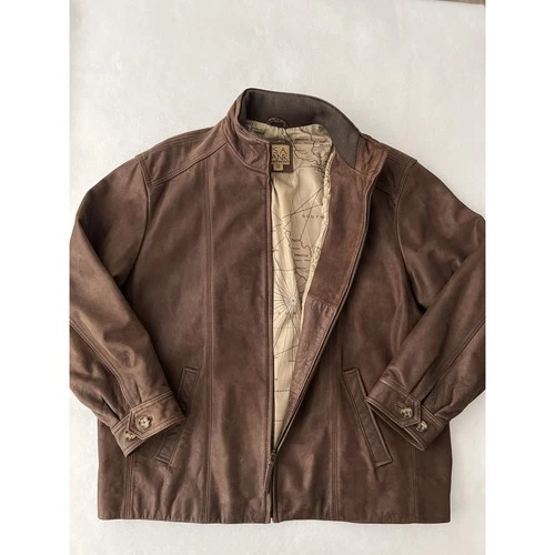 Jos A Bank Jacket Men 2XL Brown Genuine Leather Map Lined High Collar Moto - product listing photo