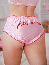 Pretty 2nd Skin Pink Satin "Kiss Me" Frilly Bikini Brief Panties XL NEW