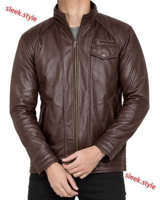Mens Lambskin Leather Jacket Motorcycle Biker Casual Zip Front Riding Outerwear