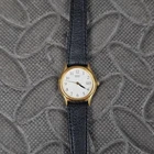 Seiko Quartz Ladies Gold Watch Black Leather Strap White Date Dial 7N82-0101 WR