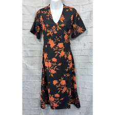 Boohoo Midi Shift Dress Black & Orange Size 8 Floral Cottagecore Summer Feminine