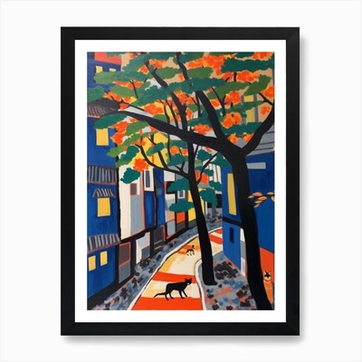 Gemälde von Tokio mit einer Katze 4 in T gerahmt Wandbild Poster Leinwanddruck Bild