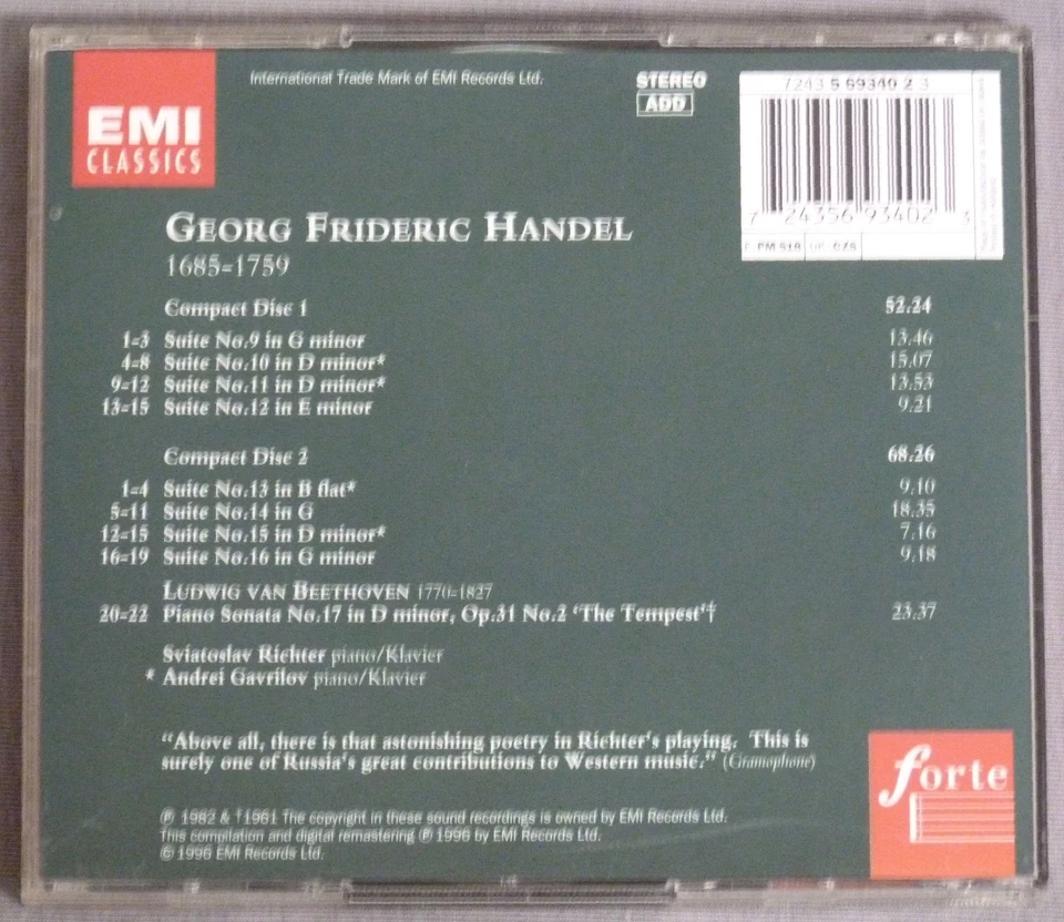 2 CDs Händel : Klaviersuiten / Beethoven : Sonate – Richter / Gavrilov - Bild 2 von 2