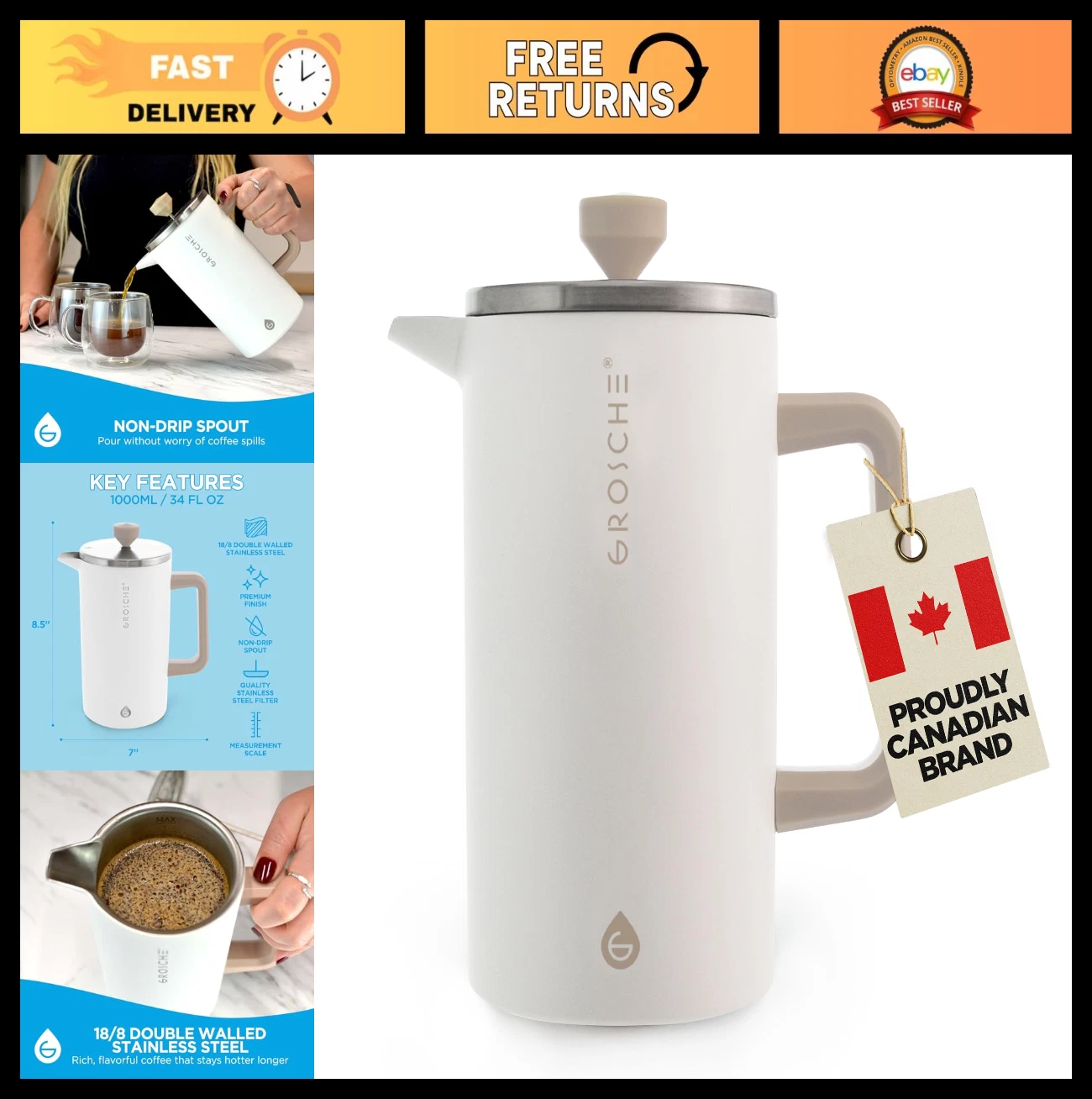 Stainless Steel French Press Coffee Maker 8 Cup - Double Walled Hot/Cold Brew 34