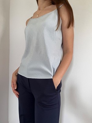 100% Silk Cami Top Womens S Blue White Striped Sleeveless Tank Minimalist Summer