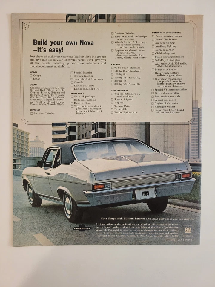 1969 Chevrolet Nova SS coupe sedan sales brochure literature 16 page ORIGINAL - Image 2 of 2