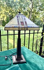 VTG Dale Tiffany Mission Style Stained Glass Lamp Square Shade Bronze Color 23”