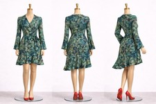 Always Indio Dress Women M Green Paisley Wrap Tie Waist Boho Y2K  Mini Long Slv