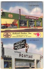 Car Dealership 1950 Linen BATHRICK PONTIAC Highland Park, CA Vintage Postcard