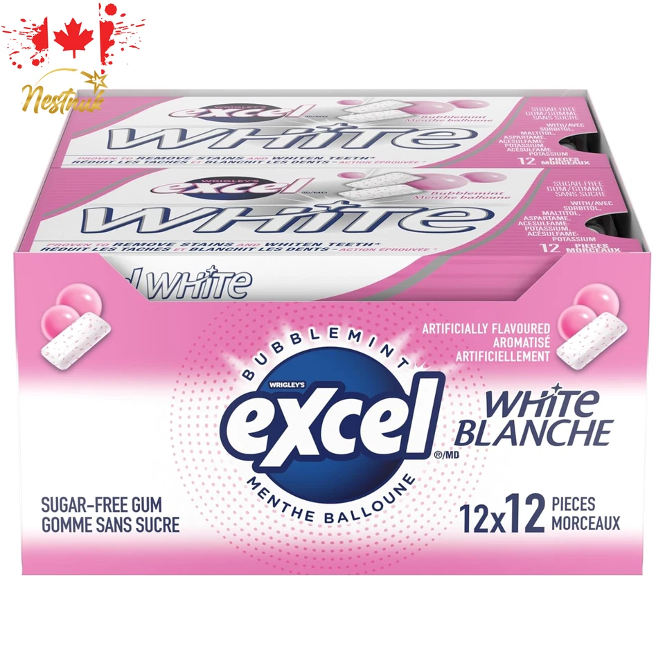 Excel White Bubblemint goma sin azúcar 12 paquetes × 12 piezas cada uno - paquete de 2 canadienses Foto 2 de 4