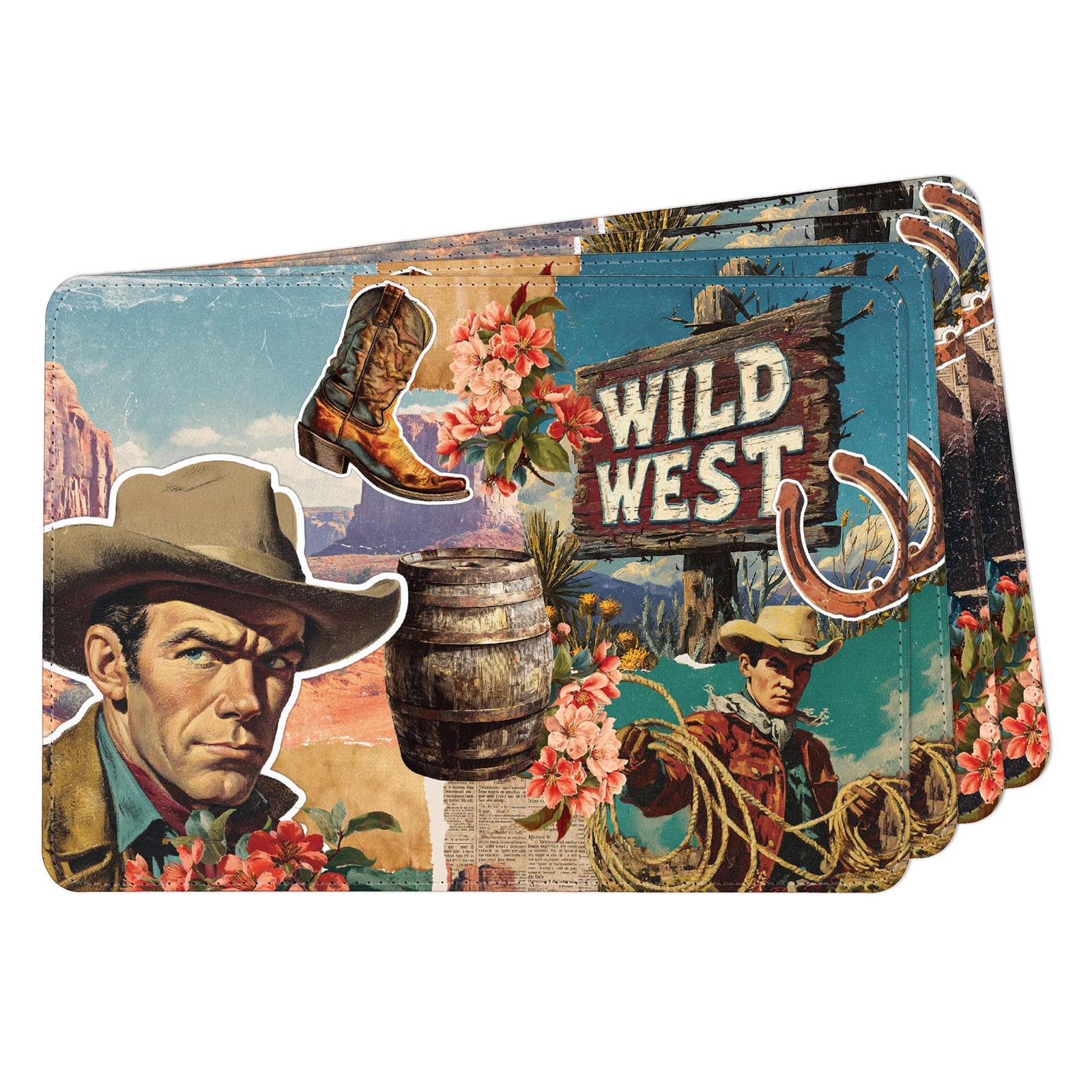 Set of 4 Faux Leather Placemats - Wild West Collage Dining Table Mats