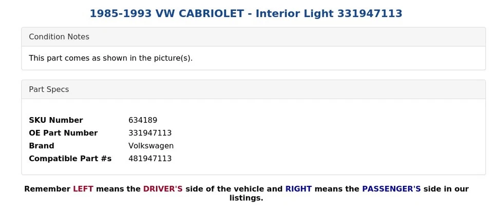 VW CABRIOLET 1985-1993 - Luz interior 331947113 Foto 3 de 3