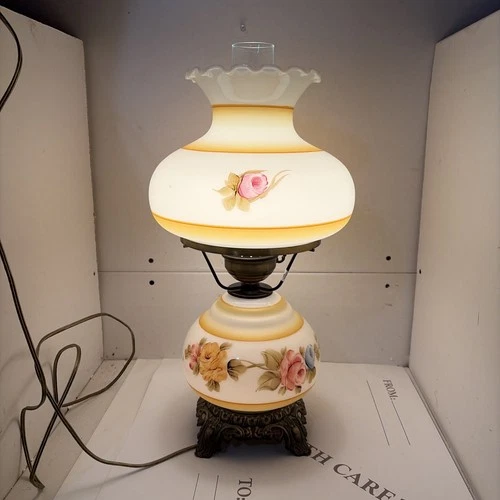 Vintage Hurricane/Parlor Lamp Hand Painted Raised Floral Design a/k/a GWTW Lamp