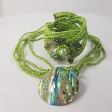 Green multi strand seed beaded Necklace Bracelet Set Boho Statement Parure