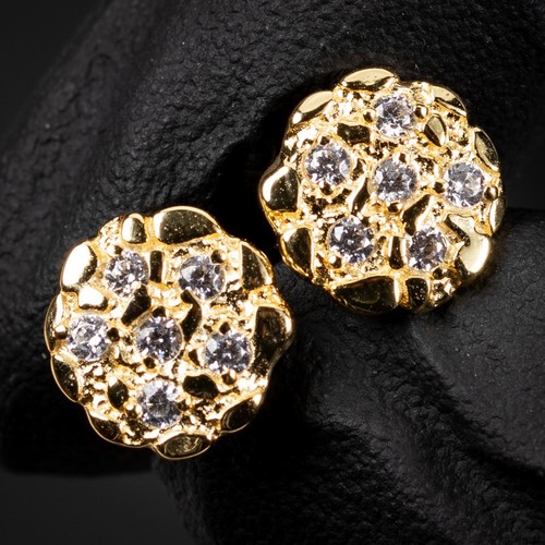 Round Yellow Gold Sterling Silver Iced Circle Nugget Screw Back Stud Earrings - Picture 2 of 5