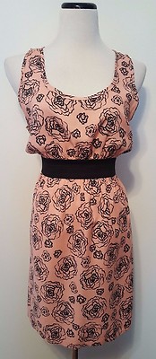 Needle & Thread Tank Dress Peachy Pink With Black Flowers Elastic Waist Sz L