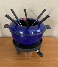 Vintage~Swissmar Sierra 11 Piece Cast Iron Fondue Set, COBALT BLUE