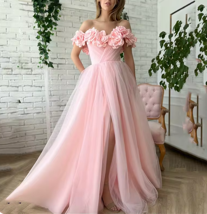 epine é tulle frill long tee pink Hearty pink Tulle Prom Dress A-Line Long Flare Sleeves