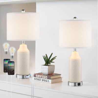 Cinkeda Gavivi 22'' H Milky White Ceremic Table Lamp Set w 2 USB Ports (Set of 2)
