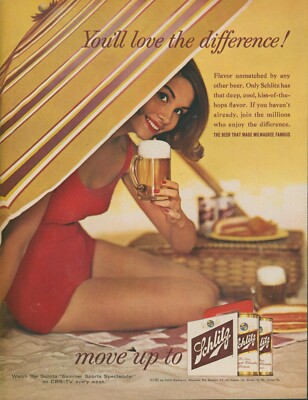1961 Schlitz Beer Woman Swimsuit Peeking Beach Umbrella Picnic Vtg Print Ad LO9