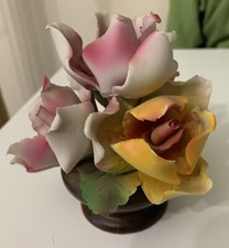 Vintage Capodimonte Porcelain Multi-Colored Roses on Wood Base